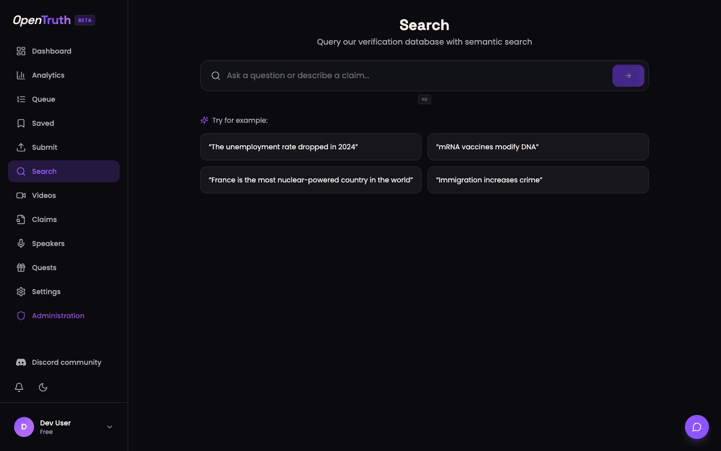 Search — semantic search across all claims