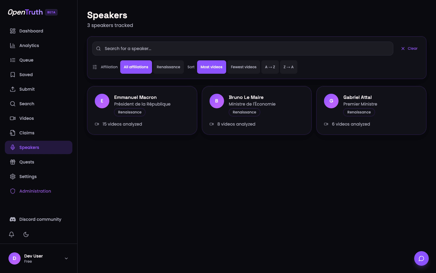 Speakers — identified speakers and profiles