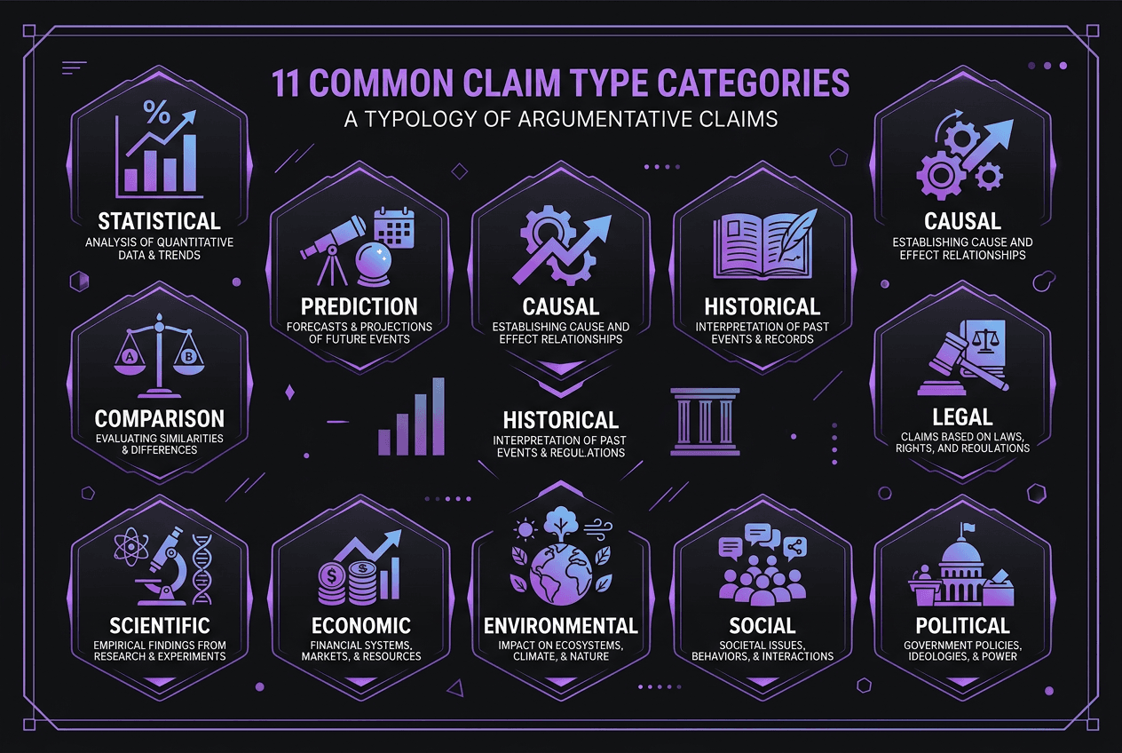 11 common claim type categories: statistical, prediction, causal, comparison, historical, legal, scientific, economic, environmental, social, political